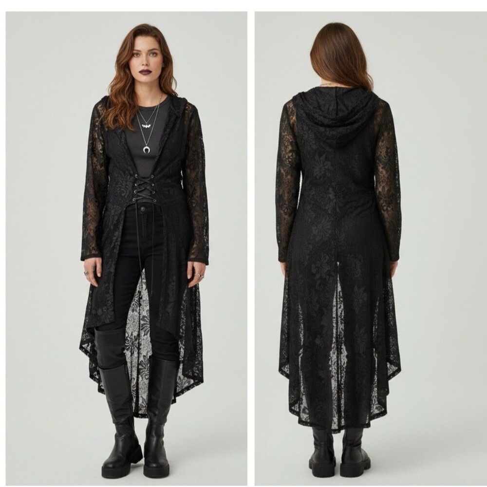 Whimsigoth Witchy Goth Hooded Sheer Lace Maxi Duster Cardigan Black Victorian M